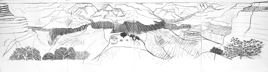 David Hockney's sketchbook unfolded: http://www.hockneypictures.com/images/3-works/2-drawings/90/large/charcoal_closer_canyon_98.jpg