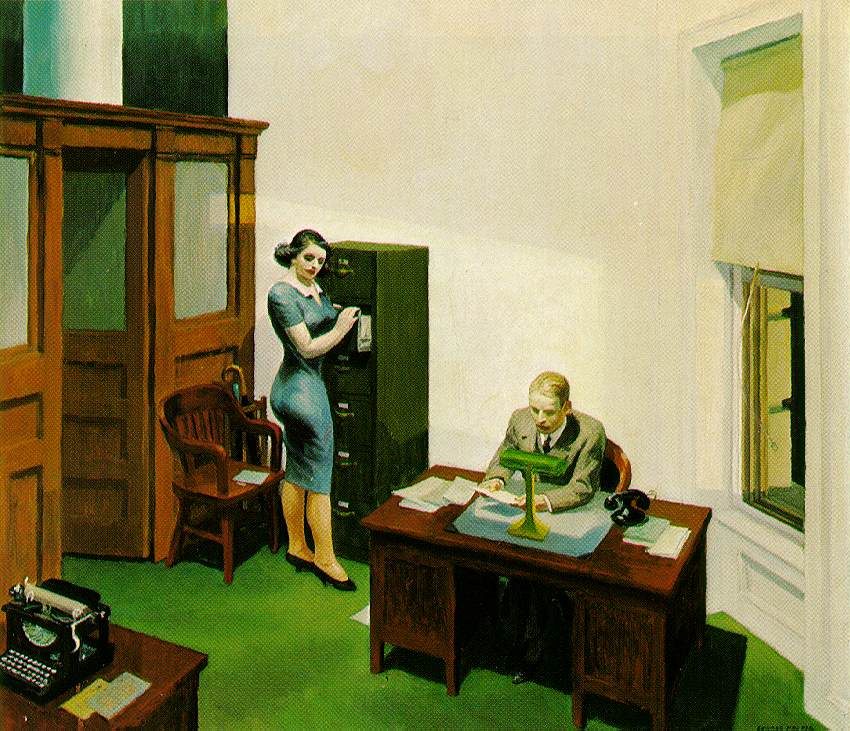 Edward Hopper - Office at Night: http://www.edwardhopper.net/images/paintings/office-at-night.jpg