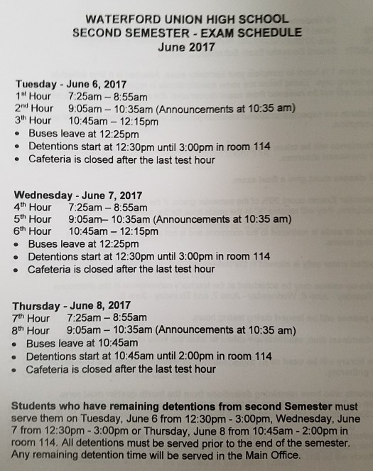 Exam Schedule Spring 2017