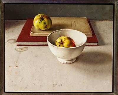 dennis-mogelgaard-white-bowl-with-apple-and-books